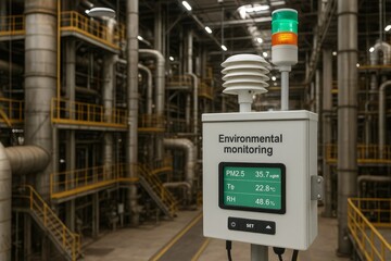 This device monitors air quality and environmental conditions in an industrial plant. It displays PM2.5, temperature, and humidity readings.