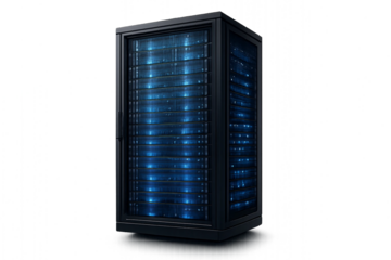 Modern data center server rack with blue lights representing cloud computing, web hosting, and digital storage technology