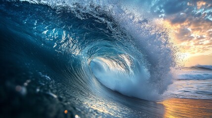 A massive curling ocean wave frozen mid-motion, forming a glowing tunnel illuminated by sunlight, strength, nature power, beauty, energy, freedom, adventure, and the unstoppable force of the sea.