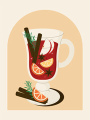 cocktail. [преобразованный]Vector illustration of a glass of mulled wine with orange slices, apple, cinnamon sticks, and star anise. Cozy winter drink for Christmas and holiday design.