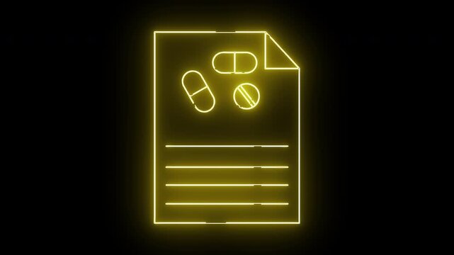 Glowing yellow neon icon of a medical prescription with pills against a black background