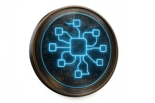 Futuristic glowing blue cyber network symbol representing blockchain, AI connectivity, and digital innovation