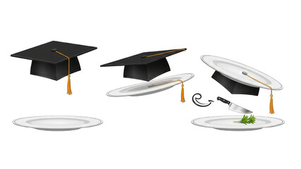 Conceptual image of graduation caps and plates, symbolizing education and culinary arts.