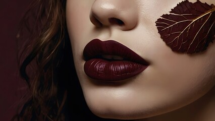 Matte Burgundy Lips with Abstract Botanical Texture Rich burgundy lipstick paired 2