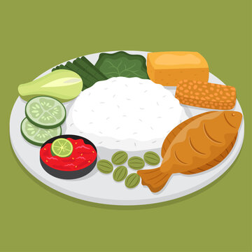 Vector illustration of Indonesian food, Nasi Tempong or sego tempong (rice with fried fish, fried tempeh, fried tofu, sambal and lime, petai, chayote, long beans and caisim)