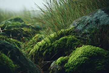 Fototapeta premium Lush green moss growing among stones and grass captures the essence of a serene natural environment on a misty day
