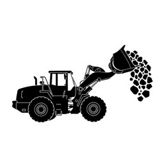 Silhouette of a Wheel Loader Discharging Rocks.