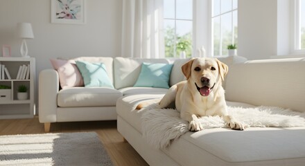 Adorable Labrador Retriever dog relaxing on cozy sofa in bright modern living room interior. Friendly pet resting comfortably indoors. Happy family dog enjoying home comfort and domestic lifestyle.