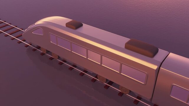 Futuristic train crossing water on elevated tracks, golden sunset in mountain valley..