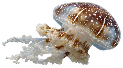 Its bell is a glossy, translucent brown and white, patterned with numerous bright white spots and a few curving white stripes