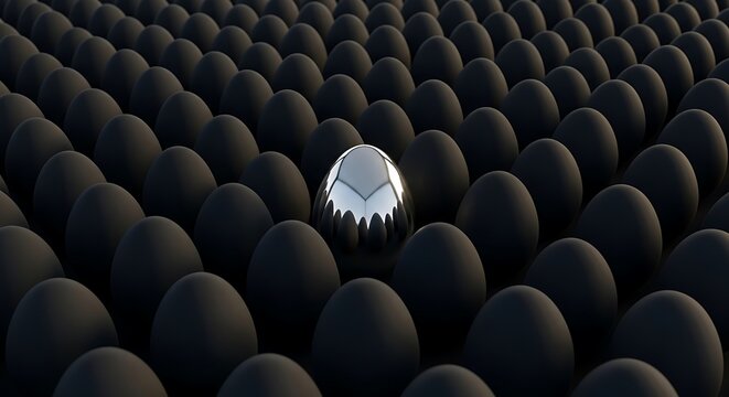 A single luminous egg stands out amongst a vast dark and uniform field of identical eggs symbolizing uniqueness and individuality