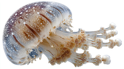 Its bell is a glossy, translucent brown and white, patterned with numerous bright white spots and a few curving white stripes