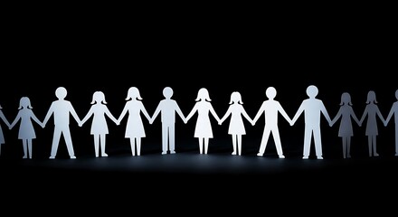 Diverse group of paper cutouts representing people of all ages and genders holding hands in unity against a dark background