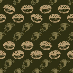 Elegant seamless pattern with hand drawn cakes and desserts on dark background for packaging and textile design