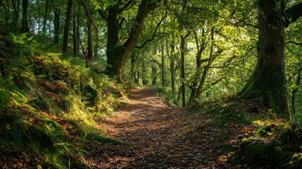 Fototapeta premium Exploring a serene forest path nature trails photography lush environment tranquil viewpoint outdoor adventure