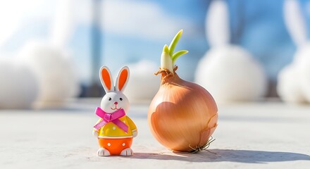 Whimsical easter bunny figurine stands beside a sprouting onion bulb in a softly blurred outdoor setting