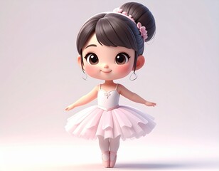 AI Generative A cute cartoon ballerina with her hair in a bun, wearing a pink tutu and a white leotard.