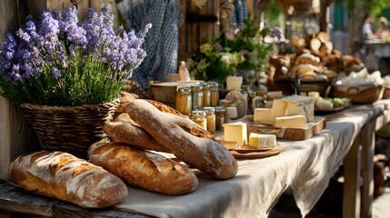 French farmers market with fresh bread, cheese, blue flowers, rural European atmosphere