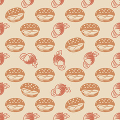 Decorative seamless pattern with cakes and sweets in soft beige tones suitable for packaging design textile and backgrounds
