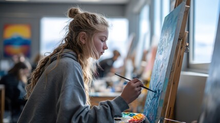 Artistic expression by young artist classroom studio painting workshop creative environment side view youthful inspiration