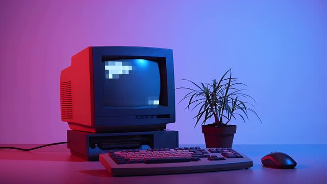 Vintage CRT Computer Setup Illuminated by Dramatic Red and Blue Neon Lighting
