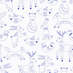 Vector pattern in Scandinavian style.Forest animals In blue. For textile wrapping paper