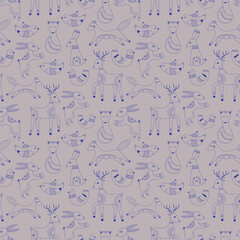 Vector pattern in Scandinavian style.Forest animals In blue. For textile wrapping paper