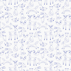 Vector pattern in Scandinavian style.Forest animals In blue. For textile wrapping paper