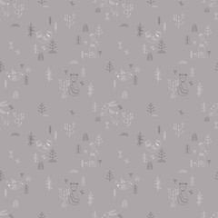 Vector pattern in Scandinavian style.Forest animals In gray. For textile wrapping paper