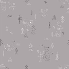 Vector pattern in Scandinavian style.Forest animals In gray. For textile wrapping paper