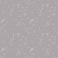 Vector pattern in Scandinavian style.Forest animals In gray. For textile wrapping paper