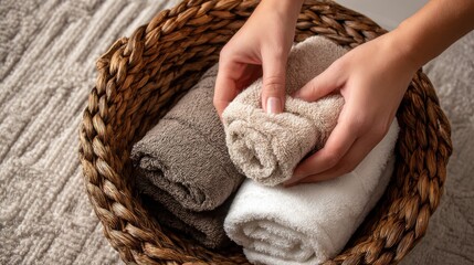 Organizing towels in a cozy bathroom relaxing atmosphere home decor close-up view comfort concept