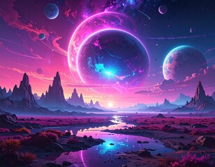 Majestic celestial bodies float above a vibrant extraterrestrial landscape, illuminated with radiant pink and purple hues, reflecting beautifully within a tranquil, shimmering river.