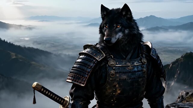 A black wolf samurai warrior in armor with a sword overlooking a misty mountain valley
