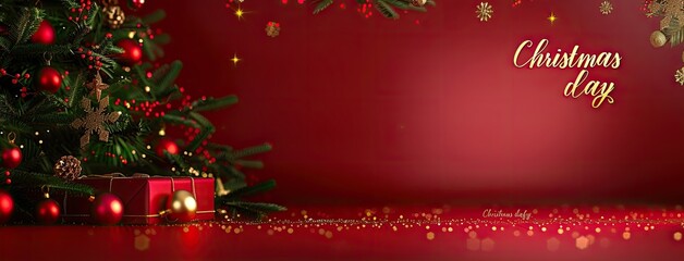 Christmas Day Banner on Red Background with Pine, Red Berries Gold Ornaments Bokeh Lights