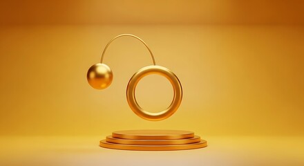 Elegant golden oval shape suspended above a tiered pedestal with a soft warm and luxurious golden background