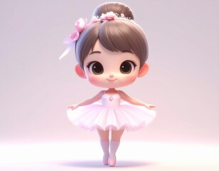 AI Generative Adorable chibi cartoon ballerina girl in a pink tutu dress and ballet shoes.