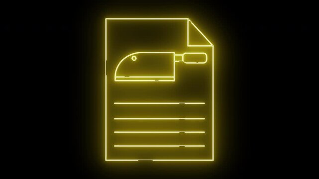 A yellow neon document icon with a meat cleaver on top and horizontal lines