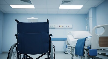 A sterile hospital room with a dark blue wheelchair positioned in the foreground next to a medical bed
