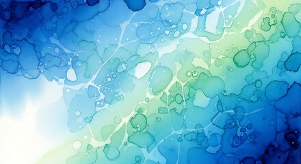 Obraz premium Abstract watercolor painting with flowing blends of deep blues and vibrant greens creating a luminous ethereal and organic texture