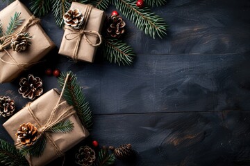 Rustic Christmas Gifts and Pine Cones on Dark Wood Background