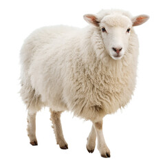 A fluffy white sheep with a gentle expression stands facing forward isolated on transparent background