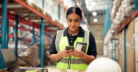 Manufacturing, smile and woman with phone, warehouse or connection for schedule review. Supply chain, tech and employee in factory with smartphone, digital app or email for export or social media - Powered by Adobe