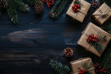 Rustic Christmas Gifts and Pine Cones on Dark Wood Background