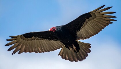 Turkey vulture soaring across a bright blue sky