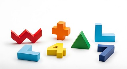Colorful wooden geometric shapes and numbers arranged on a white background for educational play and learning