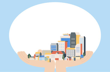 手の上に広がる街並みのフレーム