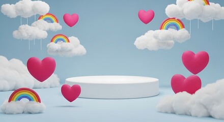 Whimsical dreamscape display a white pedestal surrounded by fluffy clouds rainbows and pink hearts on a soft blue background