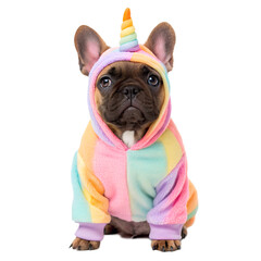 Adorable french bulldog puppy wearing a colorful pastel unicorn onesie costume with a horn isolated on transparent background