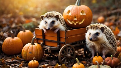 Pumpkin Cart Pulled by Hedgehog Duo
